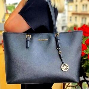 Michael Kors Jet Set Black Saffiano Leather Shoulder Tote Handbag